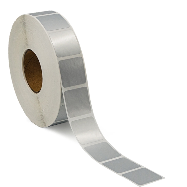 Silver polyester etiketter, på rulle, 25x25 mm